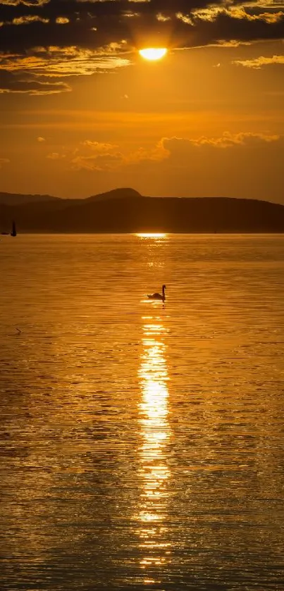 Golden sunset over a calm lake with a serene atmosphere.