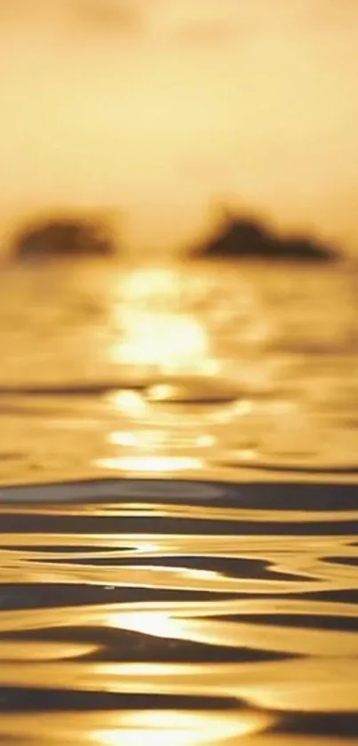 Golden sunset reflection on the rippling water surface in serene setting.