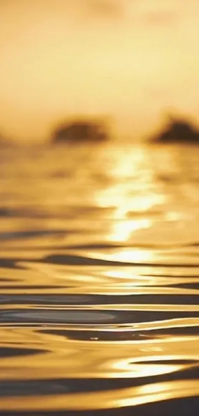 Glowing golden sunset over calm ocean waves creating a serene scenery.