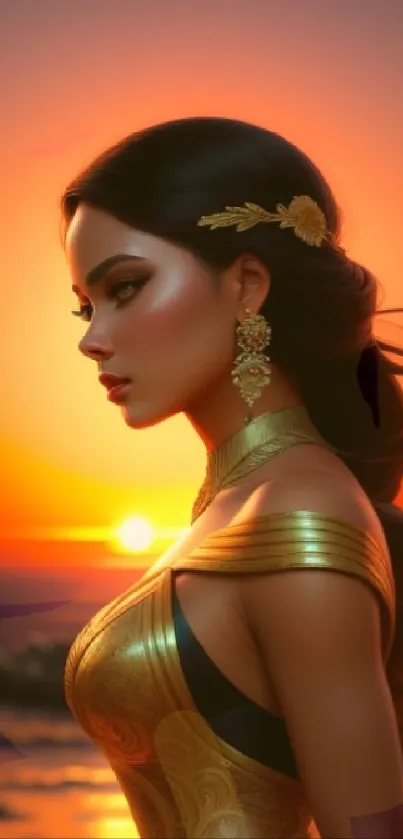 Elegant woman in golden attire with sunset background mobile wallpaper.