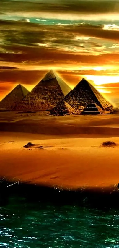 Golden sunset over pyramids in desert landscape.