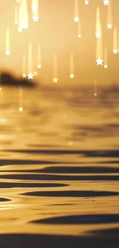 A calming golden sunset with stars reflecting over tranquil water.