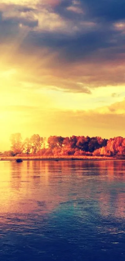 Peaceful sunset over a river with autumn trees.