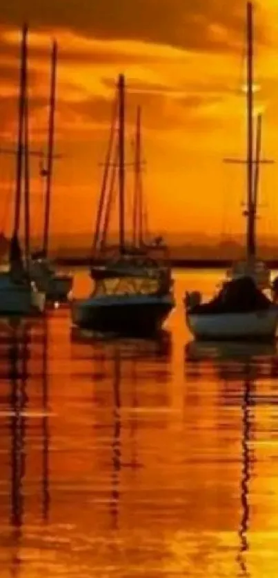 Golden sunset over water with sailboats reflected.