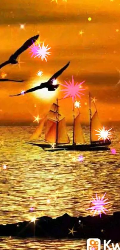 Golden sunset with sailboat and birds on the sea surrounded by sparkles.