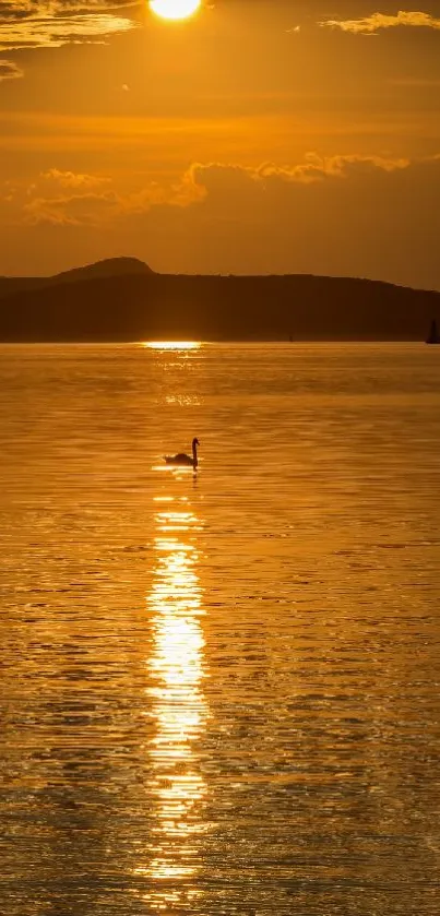 Serene golden sunset with swan silhouette over tranquil lake.