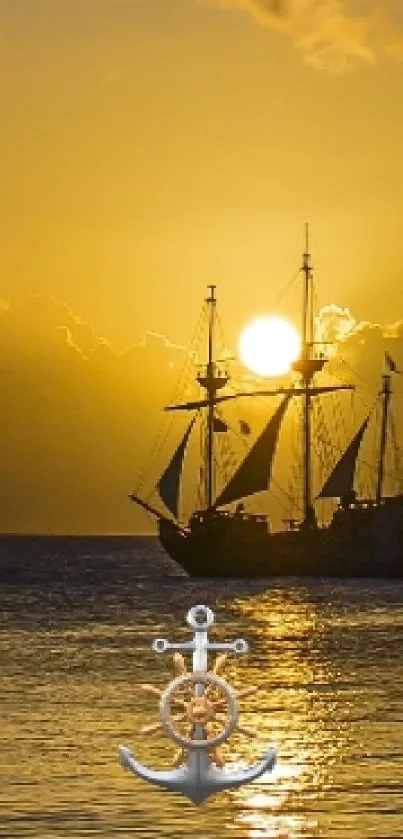 Ships sail under a golden sunset sky, reflecting on tranquil waters.