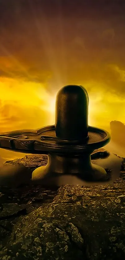 Shiva Lingam with golden sunset glow reflecting spirituality.