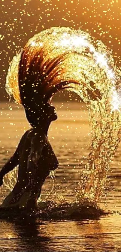 Silhouette of person flicking hair in water at golden sunset.