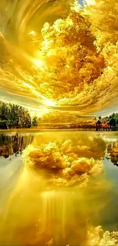 Golden sunset with clouds reflecting on a serene lake view.