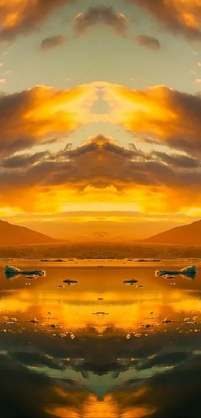 Golden sunset reflecting on water, creating a symmetrical and serene wallpaper.