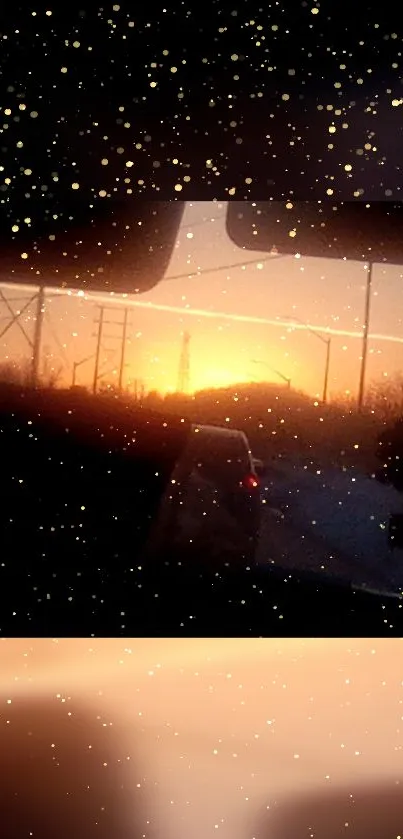 Golden sunset view through car window with starry sky effect.