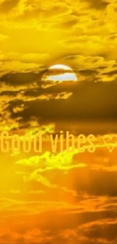 Golden sunset with 'Good Vibes' text overlay and fluffy clouds.