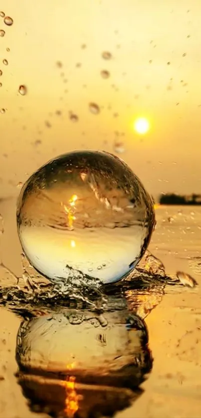 Golden sunset reflecting through water splash with glass sphere.