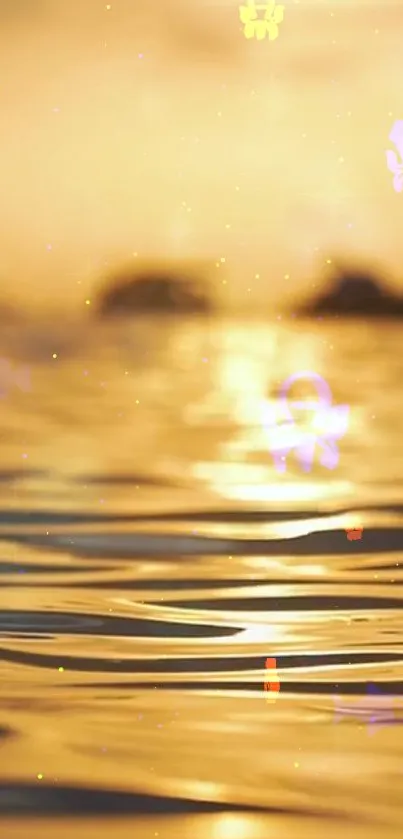 Golden sunset phone wallpaper with abstract water reflections.