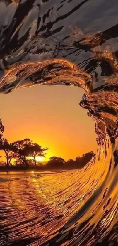 Golden wave capturing a sunset over trees.