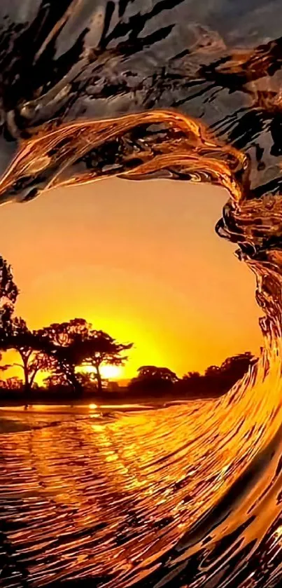 Golden sunset through crashing wave with silhouetted trees.