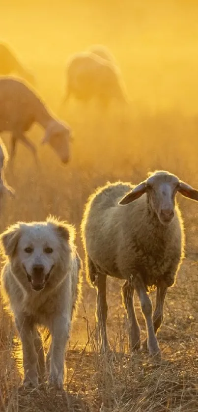 Golden sunset with sheep grazing peacefully in a field.