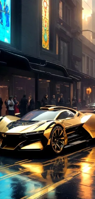 Golden supercar on city street during twilight, reflecting modern urban luxury.