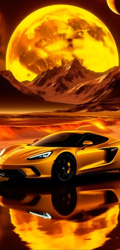 Golden supercar on alien landscape with moonlit background.