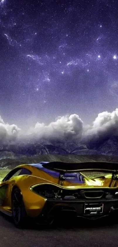 Golden supercar parked under a vibrant starry sky at night.