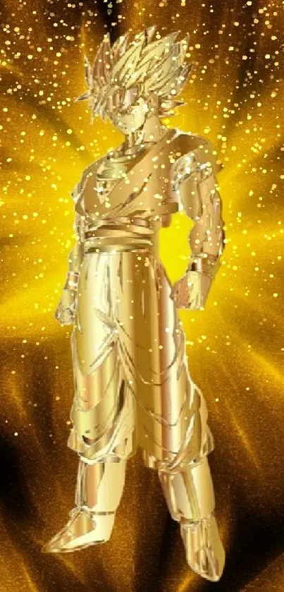 Golden superhero with radiant energy aura on mobile wallpaper.