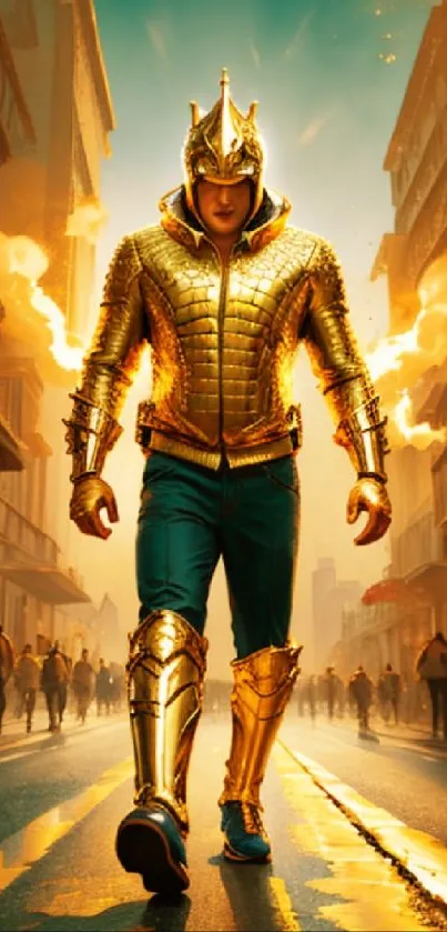 Golden-armored hero walking a fiery urban street.