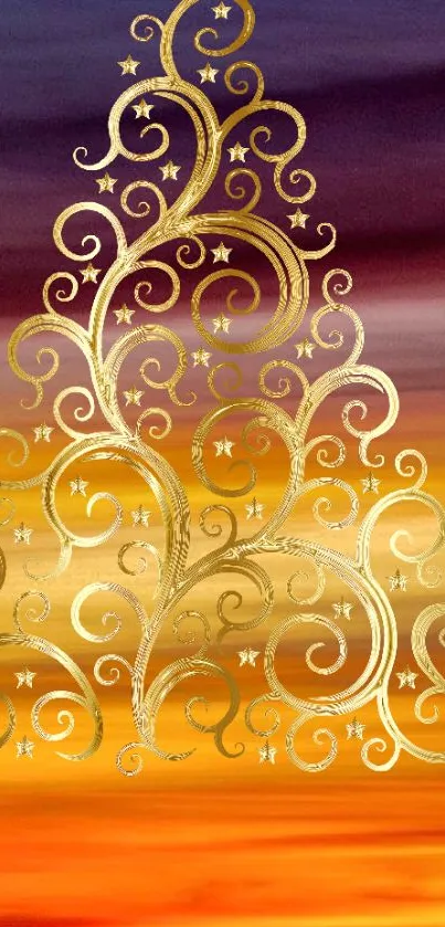 Abstract golden swirl art with vibrant orange and purple hues.