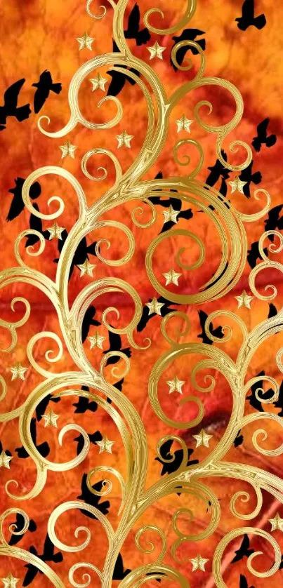 Artistic wallpaper with golden swirls and bird silhouettes on orange.