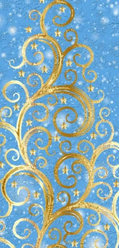 Golden swirls on a blue wallpaper background with snowflakes.