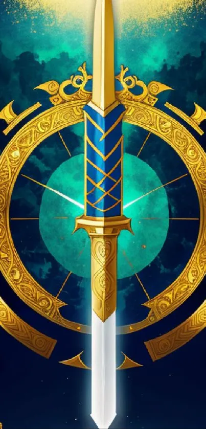 Golden sword and symbols on rich blue fantasy background.