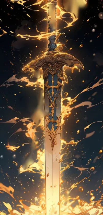 Majestic golden sword amidst fiery glow on dark background.