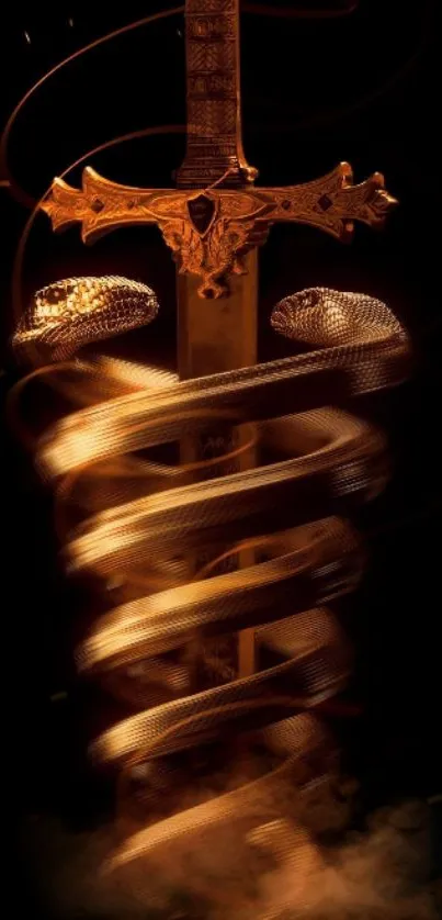 Golden sword with snake wrapped around, glowing in dark.