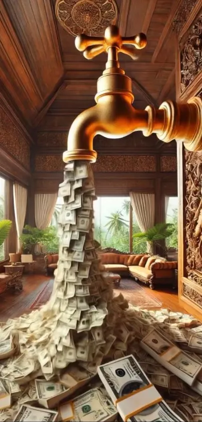 Golden tap pouring money in a lavish room.