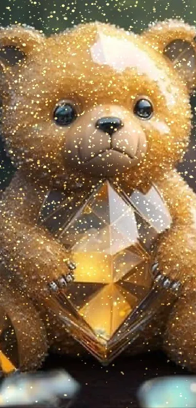 Golden teddy bear with butterflies in a magical setting.