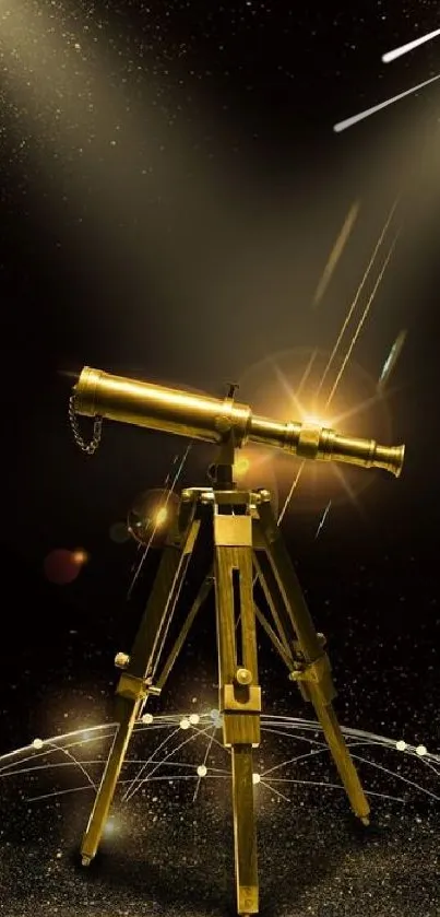 Golden telescope in cosmic spotlight art.