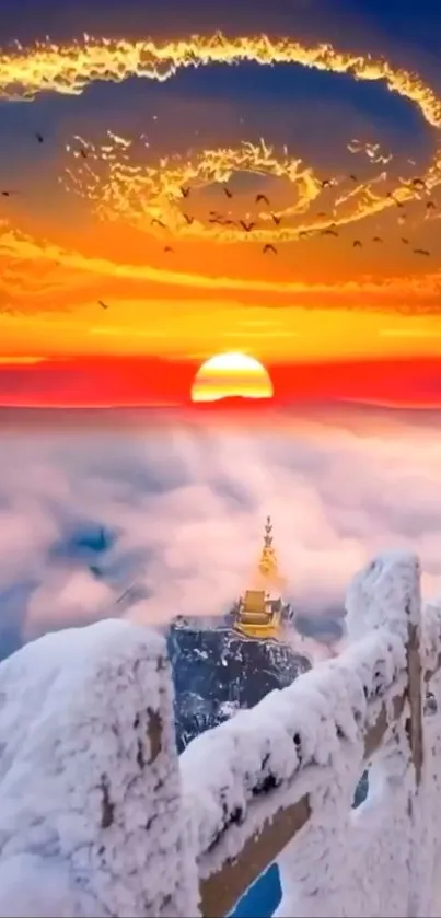 Golden temple above clouds at sunset with vibrant orange sky and snowy railing.