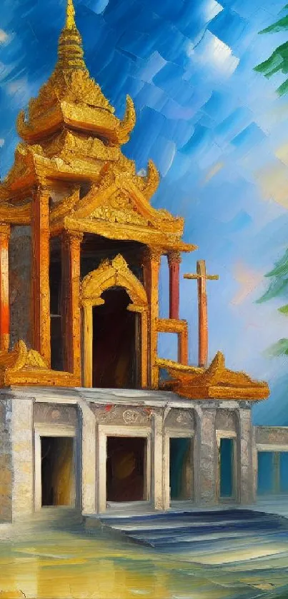 Golden temple digital art with vibrant blue sky.