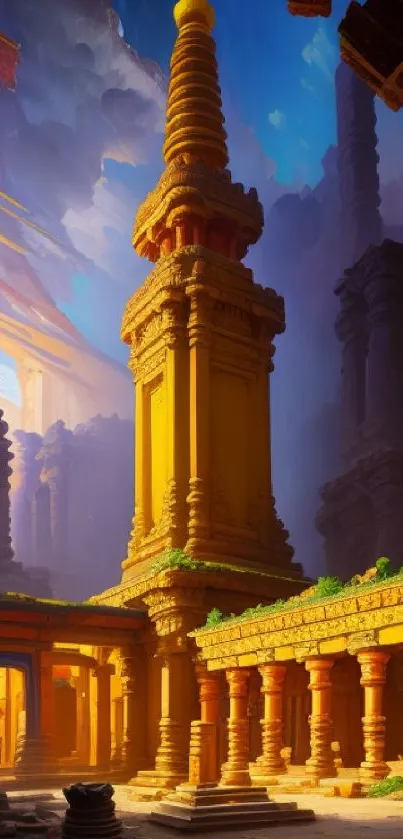 Fantasy golden temple with ethereal skies and architectural beauty.