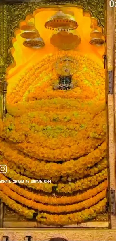 Golden temple adorned with marigold flowers creating a serene ambiance.