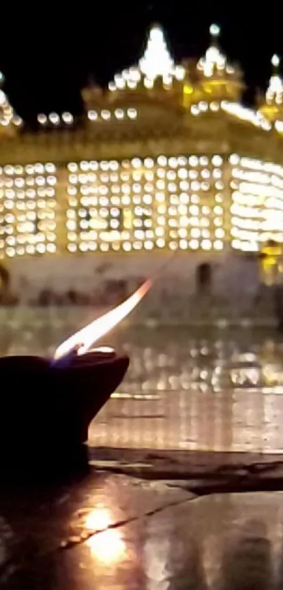 Golden Temple illuminated at night with glowing lamps.