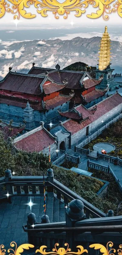 Majestic temple on mountain with gold accents and scenic views.