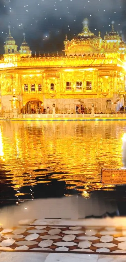 Golden Temple at night with shimmering reflections in the water.