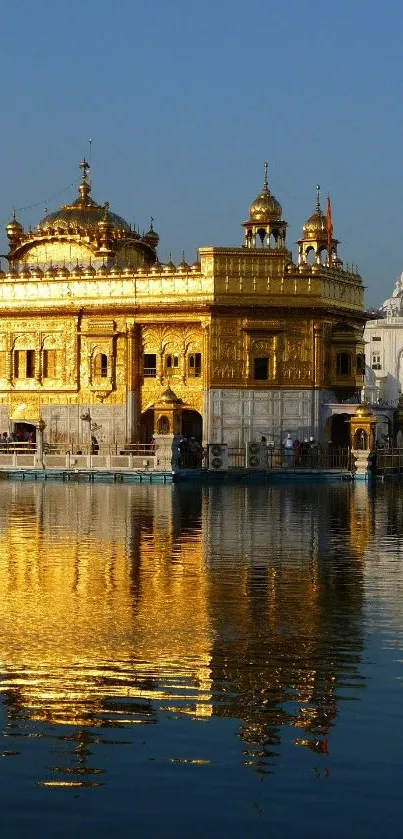 Golden Temple reflected on serene water, under a blue sky.