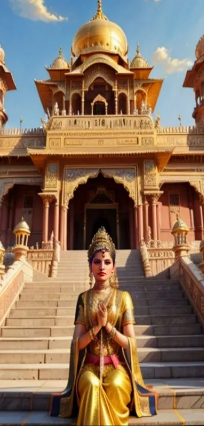 Golden temple with serene figure on steps, capturing spiritual beauty.