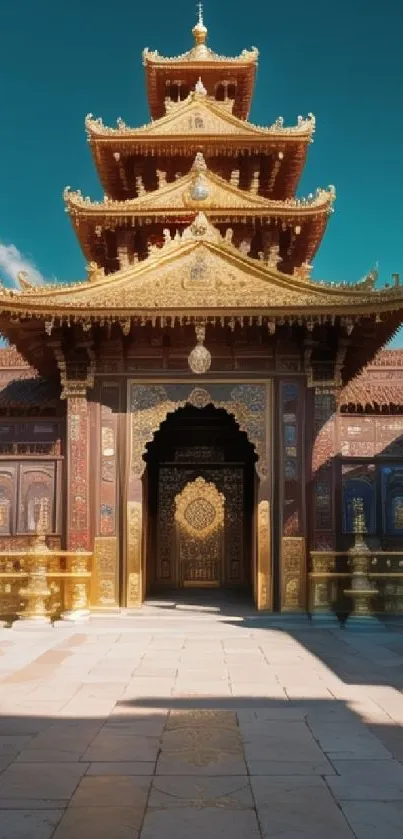 Golden temple with a blue sky, highlighting cultural architecture.