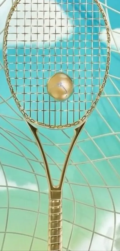 Golden tennis racket with blue sky background.