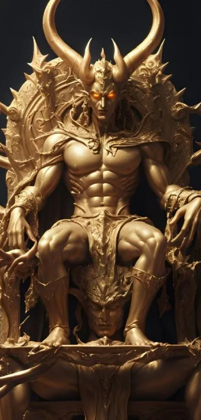 Golden demon statue on an ornate throne, perfect for a fantasy wallpaper.