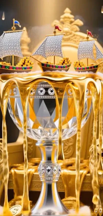 Golden throne adorned with jewel ships and lions.