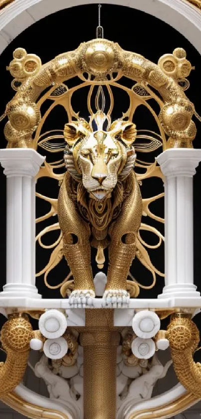 Golden tiger sculpture in an Art Nouveau design with archway and gold accents.